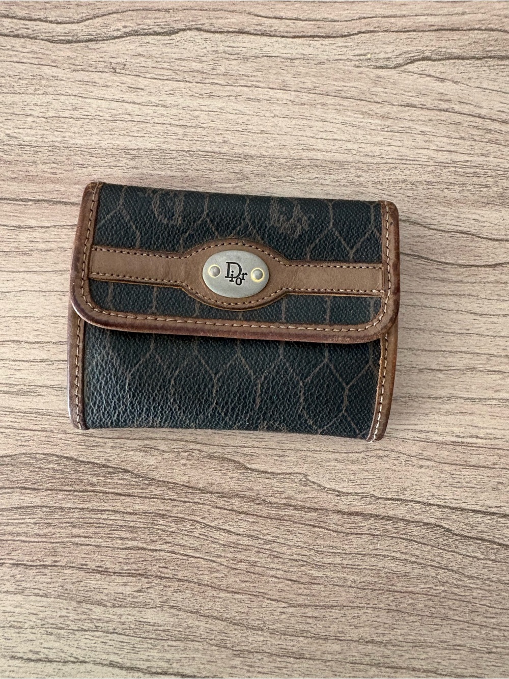 Dior Brown and Black Canvas Coin Purse Wallet with Logo Plaque